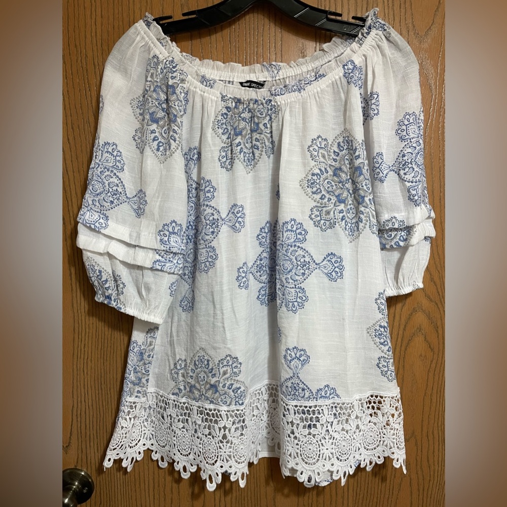 EUC White Blouse with Blue Print and Lace Trim